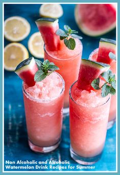 three glasses filled with watermelon and mint garnish next to lemon wedges