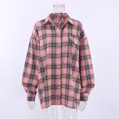 Retro Pink Plaid Collared Loose Shirt - Multi,S Oversize Shirts For Women, Loose Sweater Dress, Hay Rides, Pink Plaid Shirt, Blue Plaid Dress, Fall Blouse, Oversized Flannel, Plaid Shirts, Loose Shirt