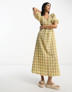 ASOS DESIGN textured midi tea dress in yellow check | ASOS Spring Plaid Midi Dress Knee-length, Yellow V-neck Midi Dress For Work, Chic Plaid Midi Dress For Work, Chic Plaid Midi Dress, Gingham Midi Dress For Work, Yellow Buttoned Maxi Dress For Spring, Fitted Plaid Midi Dress, Gingham Midi Dress For Spring, Spring Gingham Midi Dress