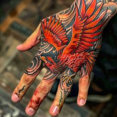 Vibrant Hand Tattoo Tattoo Master Files Phoenix Hand Tattoo Men, Hand Tattoo Traditional, Japanese Half Sleeve Tattoo, Traditional Hand Tattoo, Gothic Tattoos, Link To The Past, Filigree Tattoo, Hand Tats, Traditional Tattoo Sleeve