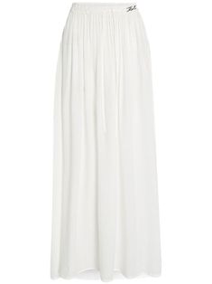 white logo plaque elasticated drawstring waistband long length flared hem White Lined Skirt For Beach, Elegant White Beach Skirt, Luxury White Long Skirt, White Beachwear Skirt For Beach Cover-up, Luxury White Lined Maxi Skirt, Beach Maxi Skirt, Beach Skirt, Wedding Guest Looks, Versace Outfit