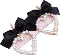 Pearl Heart, Heart Stud Earrings, Black Ribbon, Ribbon Bow, Cute Jewelry, Ribbon Bows, Clip On, Faux Pearl, Dangle Drop Earrings