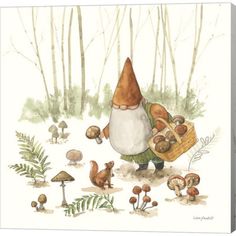 a painting of a gnome with mushrooms in the woods