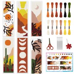 cross stitch bookmarks with scissors, needles and other crafting supplies laid out on a white background