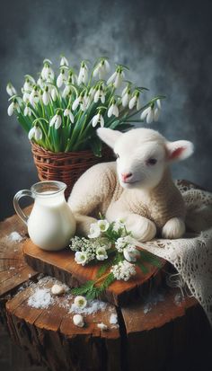 a white sheep sitting on top of a wooden table next to a basket of flowers