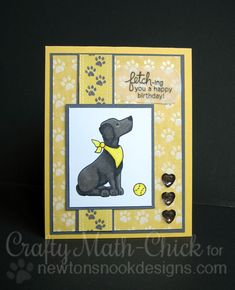 a card with a dog on it and some hearts in the bottom right hand corner