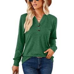 SHIBEVER Long Sleeve Tops for Women V Neck Tshirts Button Loose Fit Casual Tunic Henley Shirts. This women tops use skin-friendly and comfortable fabric allow you wear it all season. V neck casual tops henley shirt is perfect for casual and formal days, women long sleeve tops uses half button down front,button elements, and a perfect streamlined cut. When you put on long sleeve shirts for women, you will be more look thinner and eye-catching. Color Map Our women trendy plain color long sleeve t- Long Sleeve Womens Tops, Womens Shirts Casual, Smart Casual Wear, Bodycon Dresses Casual, Chic Blouses, Long Sleeve Tops Casual, Tops Casual, Henley Top, Green Blouse