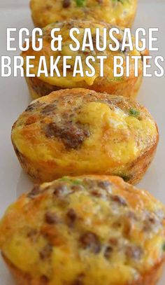 three sausage egg casserole muffins on a white plate with text overlay