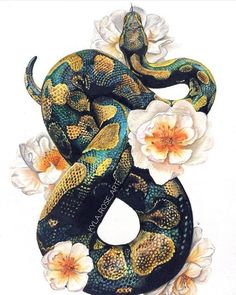 a drawing of a snake with flowers on it