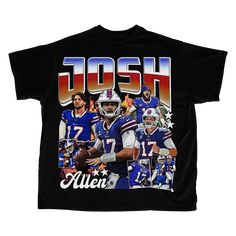 Josh Allen is an rising NFL star and this graphic tee is a tribute to the 90's nostalgic style Graphic Print T-shirt For Football Season Fan Events, Throwback Graphic Print Fan Gear Top, Throwback Graphic Print Tops For Football Season, Throwback Team Name T-shirt For Fan Gear, Throwback Graphic Print Top For Game Day, Retro Team Name T-shirt For Streetwear, Throwback Fan Merchandise T-shirt With Letter Print, Throwback Fan Merchandise T-shirt With Short Sleeves, Throwback Fan Merchandise Letter Print T-shirt