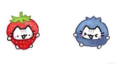 two cartoon cats sitting next to each other with strawberries on their backs and one has a strawberry in its mouth