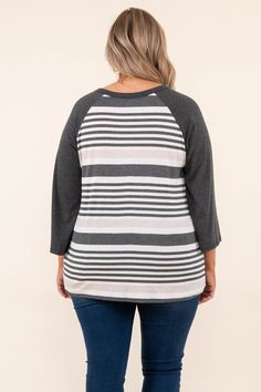 Travel back in time with this adorable top with a fun vintage look! This top is perfect to throw on for an easy daytime look with a bold striped pattern and casually chic three-quarter sleeves! Pair this cutie with jeans and sneakers to complete your look! 96% Viscose, 4% Spandex Everyday Spring Tops With Striped Sleeves, Casual Striped Half Sleeve Tops, Casual Gray Tops With 3/4 Sleeve, Fall Striped Tops With 3/4 Sleeves, Back In Time, Model Fits, Quarter Sleeve, Three Quarter Sleeves, Three Quarter