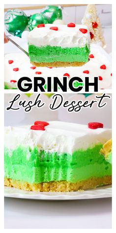 Slices of grinch lush dessert on serving plate Dirt Dessert, Lush Dessert, Green Desserts, Xmas Desserts, Christmas Salads, Frozen Dessert Recipe, Layered Desserts, Christmas Food Desserts