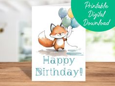 a happy birthday card with a fox holding balloons