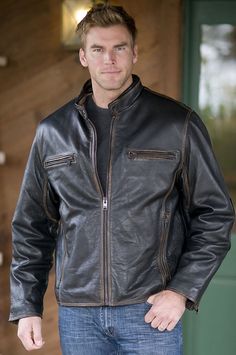 Men's Cuervo Retro Leather Motorcycle Jacket by Overland Sheepskin Co. (style 24636) Leather Jacket For Biker Events With Ykk Zipper, Long Sleeve Biker Leather Jacket For Outdoor, Rugged Winter Biker Jacket With Zipper Closure, Moto Style Long Sleeve Outdoor Outerwear, Moto Biker Jacket With Long Sleeves For Outdoor, Long Sleeve Moto Outerwear For Outdoor, Winter Outdoor Biker Jacket With Ykk Zipper, Rugged Brown Biker Jacket For Outdoor, Brown Rugged Biker Jacket For Outdoor