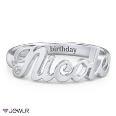 As unique as you are, add a fun and modern twist to your finger jewelry. Personalize this design with a meaningful name or inspirational word for the perfect ring to express your style. Create yours with a choice of fonts in sterling silver, 10K, or 14K gold. Modern Personalized Adjustable Stackable Rings, Silver Nameplate Rings For Anniversary, Silver Engraved Nameplate Ring For Promise, Silver Nameplate Ring With Custom Name, Customizable White Gold Initial Ring, Modern Personalized Name Jewelry, Modern Adjustable Initial Ring Personalized, Personalized Modern Stackable Rings, Modern Personalized Stackable Rings