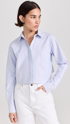 Cotton Shirt With Welt Pockets And Fold Down Collar, Everyday Cotton Shirt With Fold Down Collar, Cotton Shirt With Fold Down Collar For Everyday, Spring Cotton Shirt With Fold Down Collar, Collared Office Tops With Welt Pockets, Collared Tops With Welt Pockets For Office, Cotton Office Top With Spread Collar, Cotton Spread Collar Tops For Office, Cotton Top With Welt Pockets And Collar