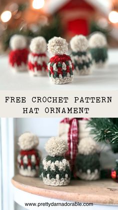 crocheted christmas ornaments with text overlay that reads free crochet pattern hat ornament