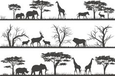 different silhouettes of animals in the wild with trees and grass on either side of them