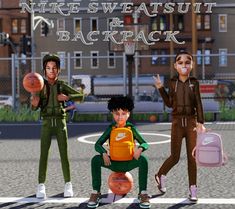 three people are standing in the street with backpacks and basketballs on their backs