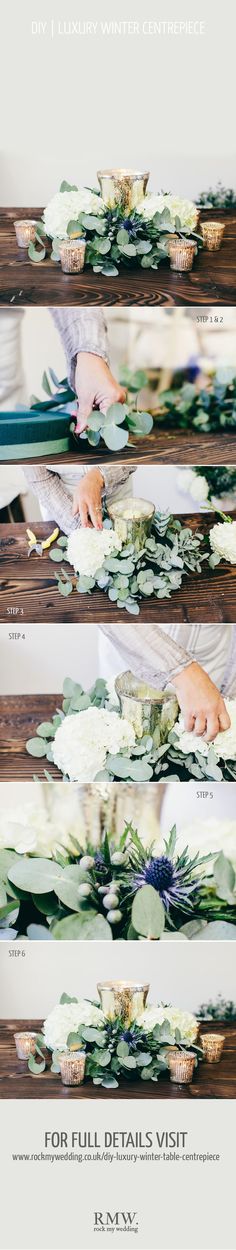 three different images of flowers and leaves on a wooden table with text overlaying them