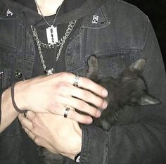 a man holding a small kitten in his arms while wearing a chain around his neck