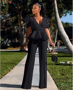 Ruffled Peplum Black Elegant Two Piece Jumpsuit Imported 95% Polyester, 5% Spandex Pull on closure Hand wash/ Machine Wash Brand Size Dress Bust Waist Hip XS 0-2 31-32.5'' 23-24'' 31-34" S 4--6 33-35'' 25-26'' 35-37" M 8--10 35-36'' 27-28'' 38-39" L 12--14 38-40'' 29-31'' 40-42" XL 14-16 40-42'' 33.5-36'' 44-46" 2XL 18-20 42-44'' 37-40'' 47-50" 3XL 22-24 44-46'' 41-46'' 51-55" 4XL 26-28 46-48'' 47-50'' 56-60" Fitted V-neck Jumpsuit With Ruffles, Glamorous Ruffled Jumpsuits And Rompers For Night Out, Glamorous Ruffled Jumpsuits For Night Out, Fitted Jumpsuits And Rompers With Ruffles And V-neck, Solid Evening Jumpsuits And Rompers With Ruffles, Glamorous Fitted Jumpsuits And Rompers With Ruffles, Glamorous Fitted Jumpsuit With Ruffles, Elegant V-neck Ruffled Jumpsuits And Rompers, Chic Fitted Jumpsuits And Rompers With Ruffles