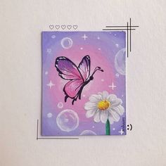 a painting of a pink butterfly on a purple background with bubbles and a daisy in the foreground