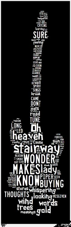 a black and white poster with words written in the shape of a guitar, on a black background