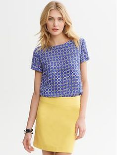 Geo Print Shirt - blue? Elegant Fitted Tops With Contrast Trim, Blue Casual Tops With Contrast Trim, Trendy Fitted Tops With Contrast Trim, Fitted Blue Tops With Contrast Trim, Stretch Short Sleeve Office Shirt, Stretch Short Sleeve Shirt For Office, Office Stretch Short Sleeve Shirt, Summer Collared Tops With Contrast Trim, Blue Tops With Contrast Trim For Summer