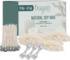 3 packs of natural soy wax for candles and candle holders, with the box next to it