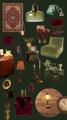 a collage of furniture, lamps and pictures on a green background with the same color