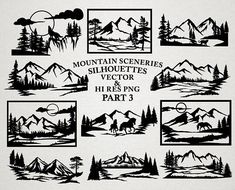 the mountain scene silhouettes and mountains are drawn in black ink on white paper,