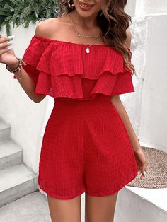 Make a bold fashion statement with the Off Shoulder Ruffle Trim Romper Without Belt! This stylish romper features an off-the-shoulder neckline, short sleeves with layered ruffles, and tiered layers. The medium stretch fabric allows it to fit comfortably while still maintaining its shapely silhouette. With a high waistline and regular fit, you'll look chic no matter what the occasion. Specifications: Style: Casual Pattern Type: Plain Type: Shirt Details: Ruffle, Tiered Layer Length: Short Fit Type: Regular Fit Neckline: Off the Shoulder Sleeve Length: Short Sleeve Sleeve Type: Layered Sleeve Waist Line: High Waist Fabric: Medium Stretch Material: Fabric Composition: 100% Polyester Care Instructions: Machine wash or professional dry clean Product Measurements(cm): Size US Bust Hip Size Insea Chic Off-shoulder Jumpsuits And Rompers In Solid Color, Chic Off-shoulder Solid Jumpsuits And Rompers, Fitted Off-shoulder Ruffled Jumpsuit, Vacation Off-shoulder Ruffled Mini Dress, Summer Off-shoulder Ruffled Jumpsuits And Rompers, Ruffle Trim, Shoulder Sleeve, Look Chic, Ruffles