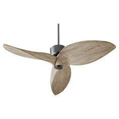 a ceiling fan that is made out of wood and has two blades on the blades