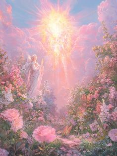 a painting of an angel in the midst of flowers and trees with bright light coming from behind it