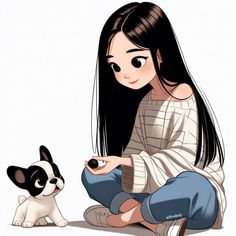 a woman sitting on the ground next to a small dog and looking at something in her hand