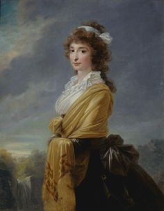 a painting of a woman in a yellow dress with her hands on her hips and looking off to the side