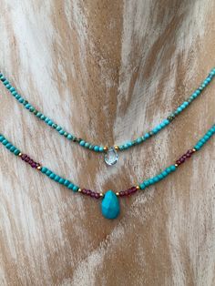 "All the necklaces are made with semi-precious stones: turquoise, rhodolite,  thread (turquoise or pink)  and silver gold plated clasp Measures: Pendant size is approx. 0.4\" ( 1cm) Size: adjustable-size Thread: turquoise or pink I make every item with a lot of love and attention for every detail and in case the doubt, you can contact me for every question you have. Thank you for stopping by  and please check out AINASTONES for more beautiful items! © All images are property of AINASTONES" Pink Bead Necklace, Pink Beaded Necklace, Tiny Necklace, Turquoise Choker, Diy Jewelry Projects, Cowgirl Jewelry, Handmade Jewelry Tutorials, Dangle Necklaces, Pink And Silver