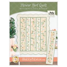 the flower girl quilt pattern is shown in white and green colors, with flowers on it