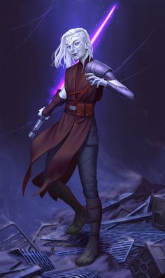 a drawing of a woman with white hair holding a light saber in her right hand