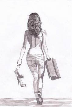 a pencil drawing of a woman walking down the street with her purse and high heels