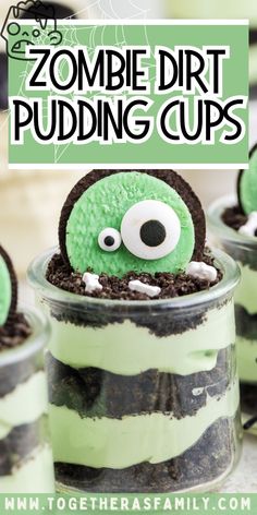 green and black cupcakes with googly eyes in a jar that says zombie dirt pudding cups