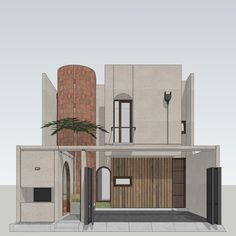 an architectural rendering of a modern house with wood and brick accents on the front door