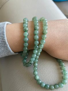 🌈 Jadeite Beaded (6.8mm) Necklace Bracelet, Green, 108 beads 🌷 Untreated Natural Jadeite/ Grade A Jade 🌷 Jade from Myanmar/ Burma 🌷 100% handmade carving 🌷 Bead size : 6.8mm 🌷 Number of Beads : ~108 🌷 Color : Green 🌷 Free shipping from Hong Kong with tracking number provided 🌷 Take approximately 7-28 days to arrive worldwide ❤️ In Chinese Culture: Young people wear jade pendant will have a prosperous life, attracts good luck and friendship Old people wear jade pendant will have a health Round Gemstone Beads For Meditation, Healing Single Strand Round Bead Gemstones, Spiritual Round Beads Single Strand Gemstones, Hand-strung Aventurine Beaded Bracelets, Jade Beaded Necklaces With 8mm Beads, Jade Beaded Necklaces With 8mm Round Beads, Green Rondelle Beads Jewelry 8mm, Green Single Strand Beaded Bracelet With Round Beads, Green Single Strand Round Beaded Bracelets