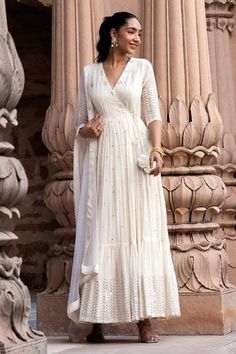 Shop for PREEVIN Off White Thread Embroidered Angrakha Anarkali With Dupatta for Women Online at Aza Fashions Offwhite Anarkali Party Wear, White Anarkali Dress Pattern, Off White Chikankari Suit, Onam Churidar Design, Off White Churidar Designs, Anarkali Styling Ideas, Off White Suits Women Indian, White Angrakha Anarkali, White Kurta Outfits Women