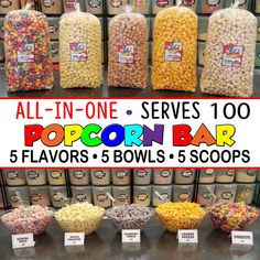 all in one popcorn bar 5 flavors, 5 bowls, 5 scoops or more