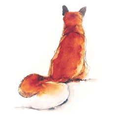 a watercolor painting of a fox sitting on the ground