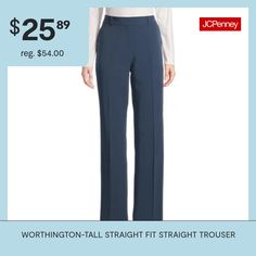 Complement your silhouette with the sleek styling of these women's trousers from Worthington. They are cut for a mid-rise with straight legs from a stretch woven-blend, featuring a hook-and-eye with zip closure and side and back pockets. Wear yours with a blouse and heeled sandals.Front Style: Flat FrontFeatures: Stretch FabricClosure Type: Zipper, Hook & EyeFit: Straight FitPockets: 2 Front Slip Pockets, 2 Back Button PocketsRise: High RiseFiber Content: 75% Polyester, 19% Rayon, 6% SpandexFab… Fitted Bottoms With Straight Silhouette For Spring, Business Casual Straight Silhouette Bottoms For Spring, Business Casual Spring Pants With Straight Silhouette, Fitted Wide Leg Pants With Straight Hem For Spring, Fitted Straight Dress Pants For Spring, Blue Straight Pants For Fall, Blue Straight Bottoms For Workwear, Blue Straight Bottoms For Work, Blue Straight Pants For Work