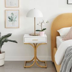 a bedroom with a bed, plant and pictures on the wall